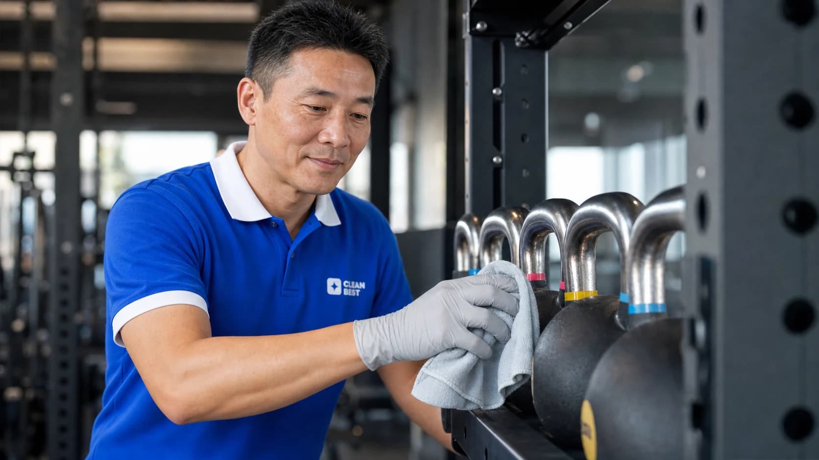 Clean Best cleaner wiping gym equipment before opening at a fitness centre in Penrith NSW