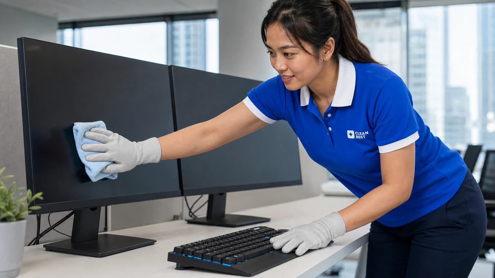 Clean Best cleaner wiping desks in an open-plan office in Penrith NSW