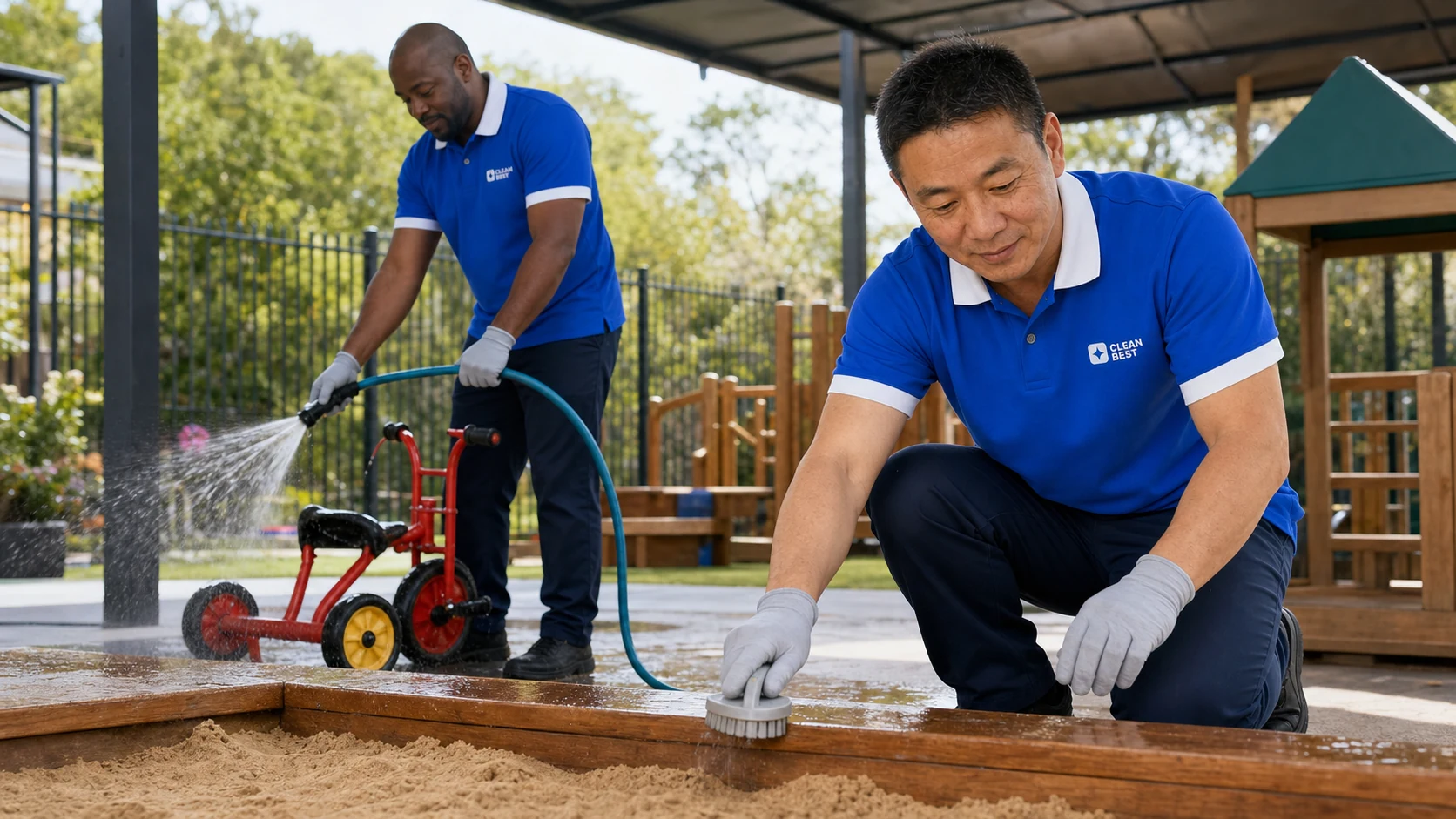 Clean Best cleaner sanitising a play mat in a Penrith childcare centre NSW