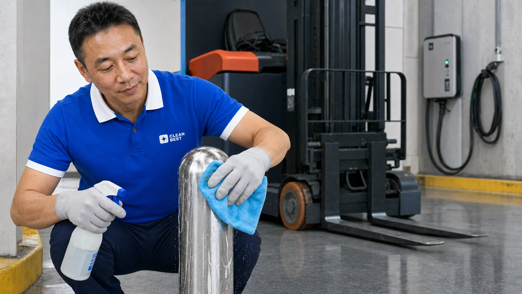 Clean Best operator scrubbing a warehouse aisle floor at a light industrial unit in Penrith NSW